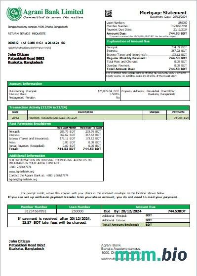 Bangladesz Bank Agrani wyciąg z kredytu hipotecznego szablon Word i PDF